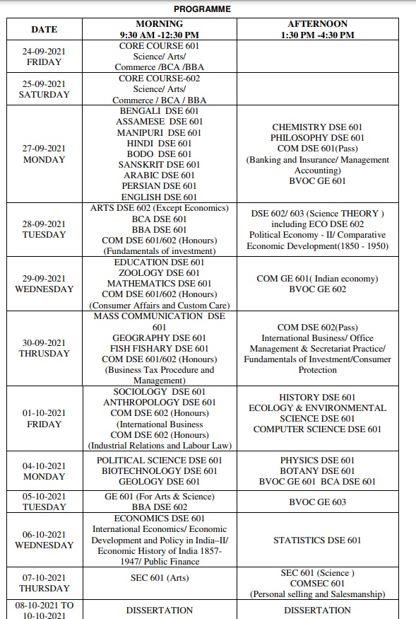 Assam University announces routine of degree final semester examination